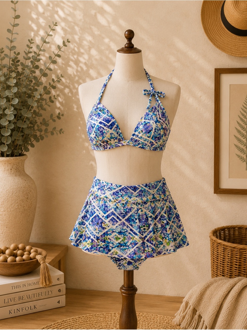Heat Bikini Set XL NWOT Blue Floral Swim Set Top & Skirted Bottoms